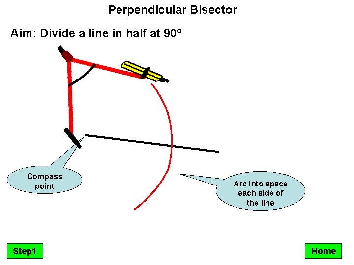 Perpendicular Bisector Aim: Divide a line in half at 90º Compass point Step 1