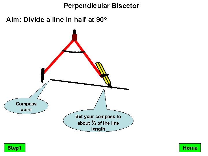 Perpendicular Bisector Aim: Divide a line in half at 90º Compass point Set your