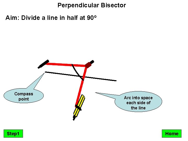 Perpendicular Bisector Aim: Divide a line in half at 90º Compass point Step 1