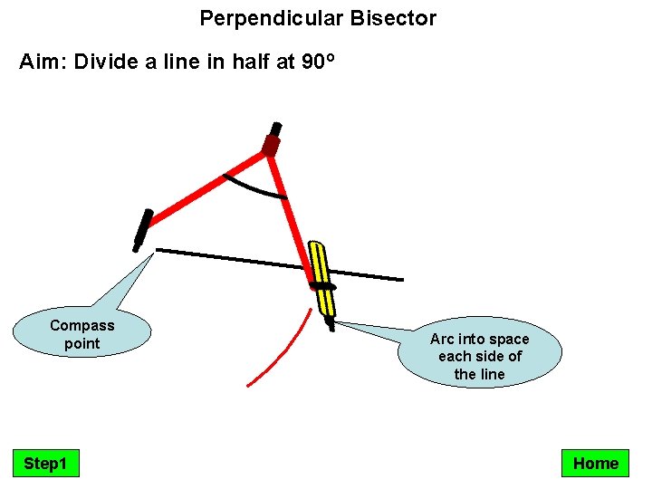 Perpendicular Bisector Aim: Divide a line in half at 90º Compass point Step 1