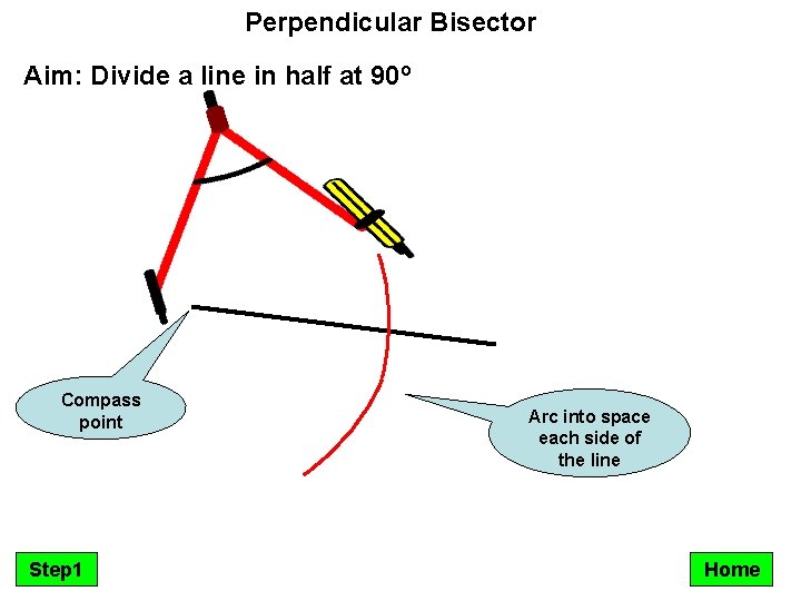 Perpendicular Bisector Aim: Divide a line in half at 90º Compass point Step 1
