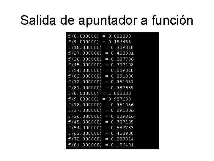 Salida de apuntador a función f(0. 000000) = 0. 000000 f(9. 000000) = 0.