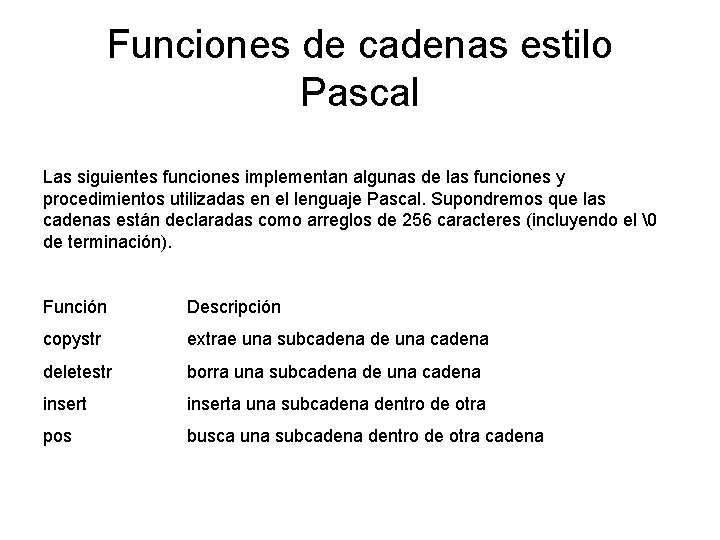 Funciones de cadenas estilo Pascal Las siguientes funciones implementan algunas de las funciones y