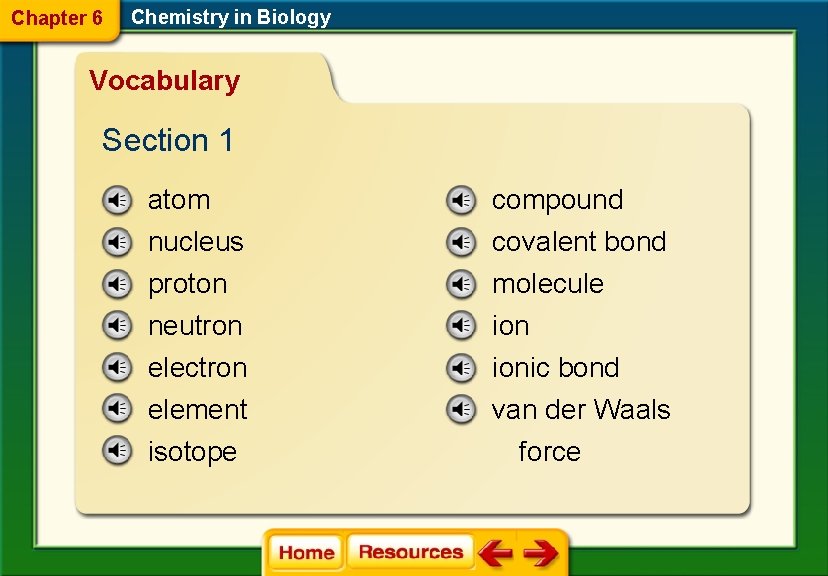 Chapter 6 Chemistry in Biology Vocabulary Section 1 atom compound nucleus proton neutron electron