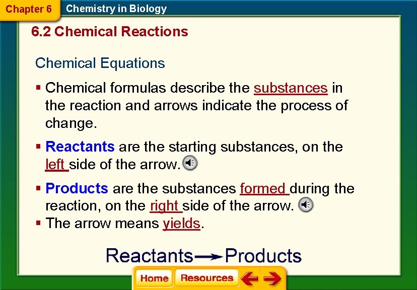 Chapter 6 Chemistry in Biology 6. 2 Chemical Reactions Chemical Equations § Chemical formulas