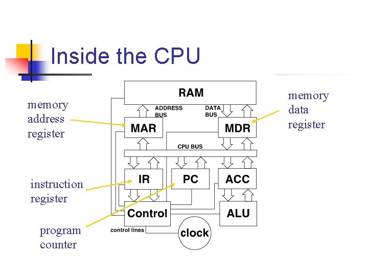 Inside the CPU memory address register instruction register program counter memory data register Inside the CPU memory address register instruction register program counter memory data register