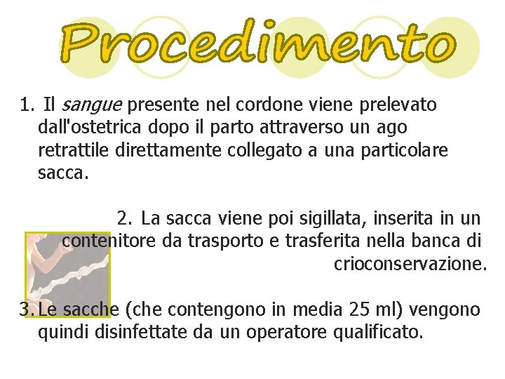 1. Il sangue presente nel cordone viene prelevato dall'ostetrica dopo il parto attraverso un