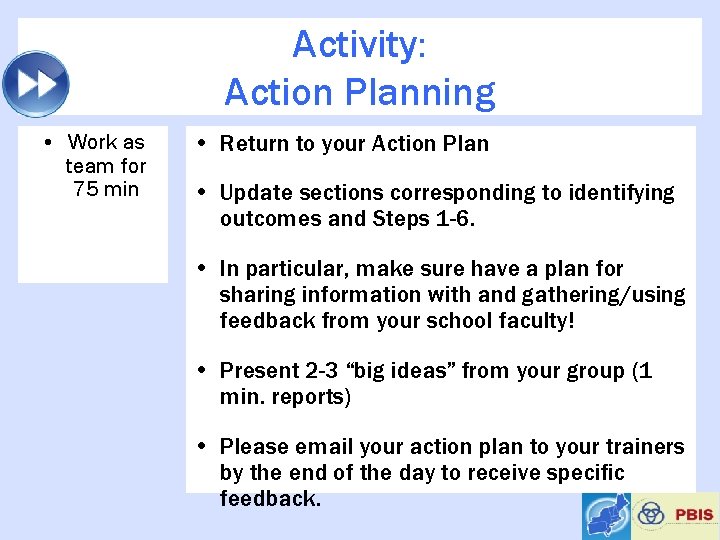 Activity: Action Planning • Work as team for 75 min • Return to your