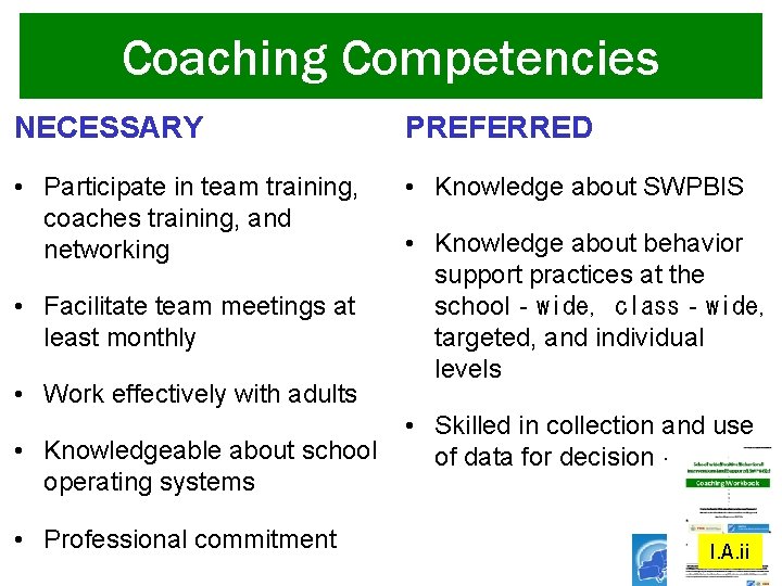 Coaching Competencies NECESSARY PREFERRED • Participate in team training, coaches training, and networking •