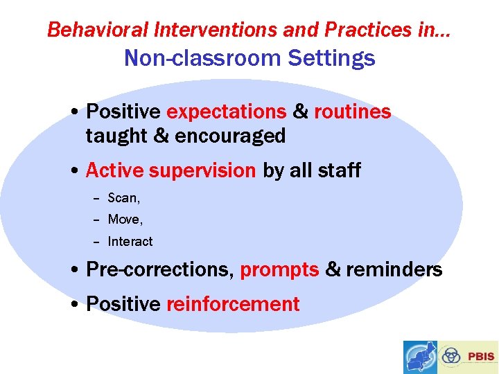 Behavioral Interventions and Practices in… Non-classroom Settings • Positive expectations & routines taught &