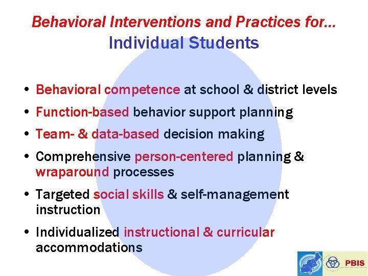 Behavioral Interventions and Practices for… Individual Students • Behavioral competence at school & district