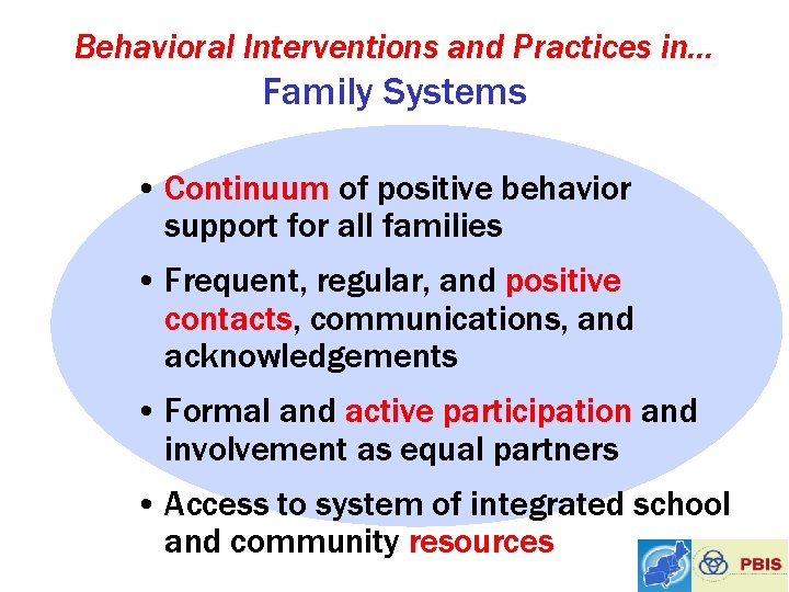 Behavioral Interventions and Practices in… Family Systems • Continuum of positive behavior support for