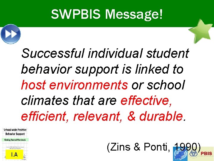 SWPBIS Message! Successful individual student behavior support is linked to host environments or school