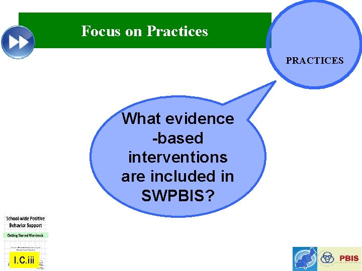 Focus on Practices PRACTICES What evidence -based interventions are included in SWPBIS? I. C.