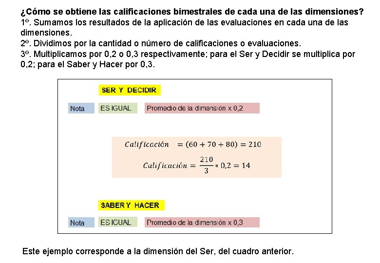 ¿Cómo se obtiene las calificaciones bimestrales de cada una de las dimensiones? 1º. Sumamos