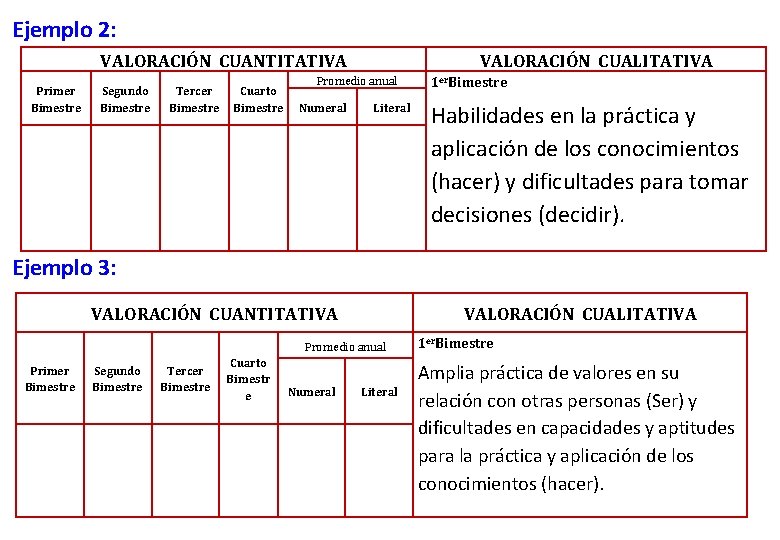 Ejemplo 2: VALORACIÓN CUANTITATIVA Primer Bimestre Segundo Bimestre Tercer Bimestre Cuarto Bimestre VALORACIÓN CUALITATIVA