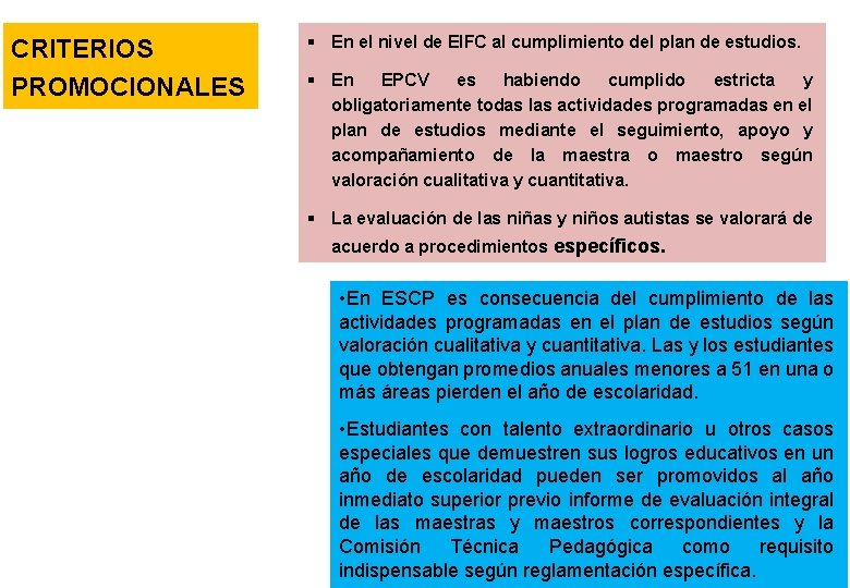 CRITERIOS PROMOCIONALES § En el nivel de EIFC al cumplimiento del plan de estudios.