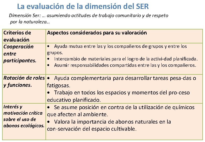 La evaluación de la dimensión del SER Dimensión Ser: … asumiendo actitudes de trabajo