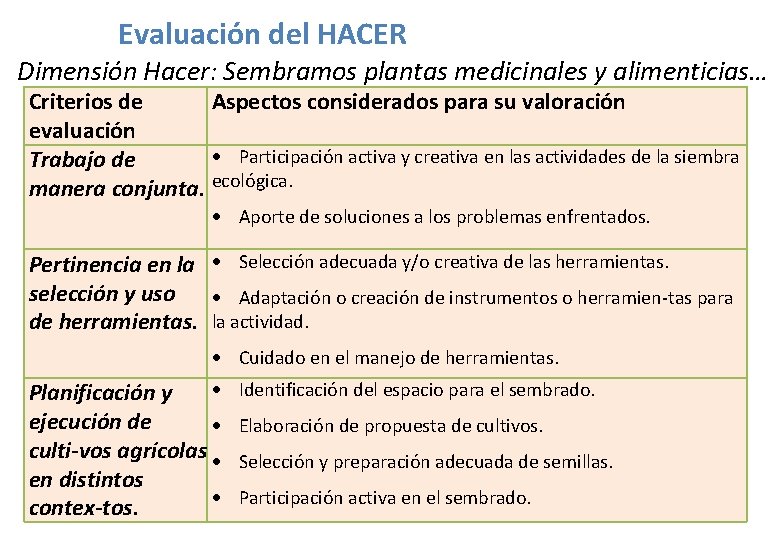 Evaluación del HACER Dimensión Hacer: Sembramos plantas medicinales y alimenticias… Criterios de Aspectos considerados