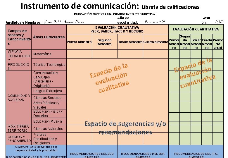 Instrumento de comunicación: Libreta de calificaciones EDUCACIÓN SECUNDARIA COMUNITARIA PRODUCTIVA Año de escolaridad: Apellidos
