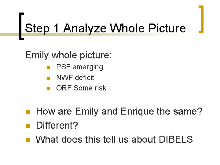 Step 1 Analyze Whole Picture Emily whole picture: n n n PSF emerging NWF