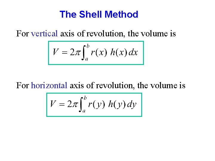 The Shell Method For vertical axis of revolution, the volume is For horizontal axis