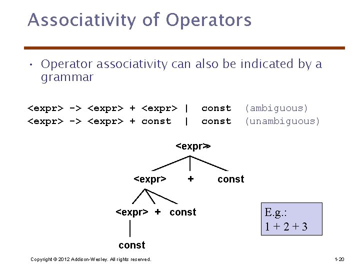 Associativity of Operators • Operator associativity can also be indicated by a grammar <expr>