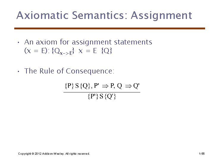 Axiomatic Semantics: Assignment • An axiom for assignment statements (x = E): {Qx->E} x