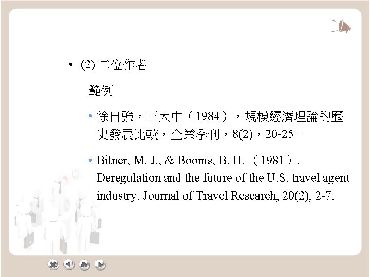  • (2) 二位作者 範例 • 徐自強，王大中（1984），規模經濟理論的歷 史發展比較，企業季刊，8(2)，20 -25。 • Bitner, M. J. ,