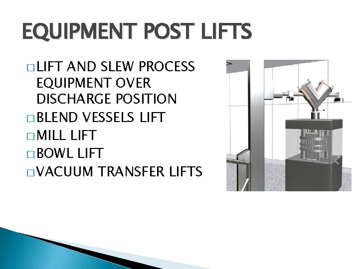 EQUIPMENT POST LIFTS � LIFT AND SLEW PROCESS EQUIPMENT OVER DISCHARGE POSITION � BLEND