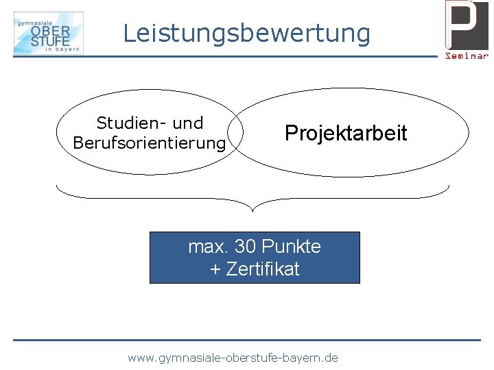 Leistungsbewertung Studien- und Berufsorientierung Projektarbeit max. 30 Punkte + Zertifikat www. gymnasiale-oberstufe-bayern. de 