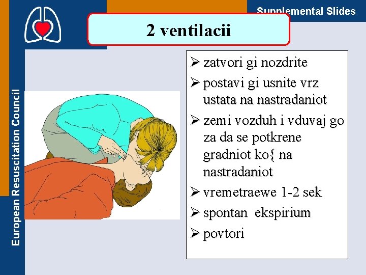 Supplemental Slides European Resuscitation Council 2 ventilacii Ø zatvori gi nozdrite Ø postavi gi