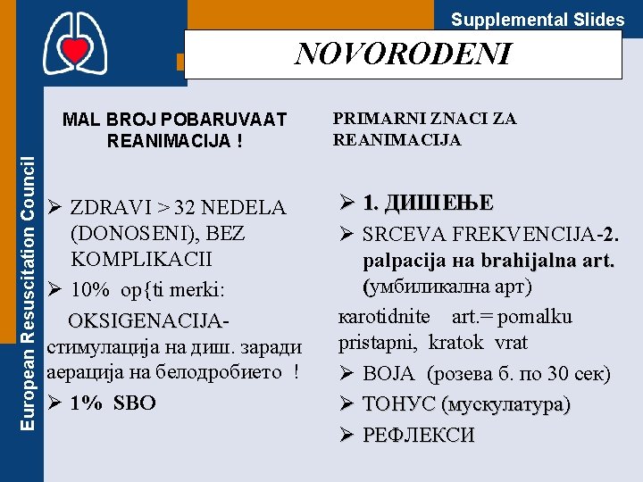 Supplemental Slides гас NOVORODENI European Resuscitation Council MAL BROJ POBARUVAAT REANIMACIJA ! Ø ZDRAVI