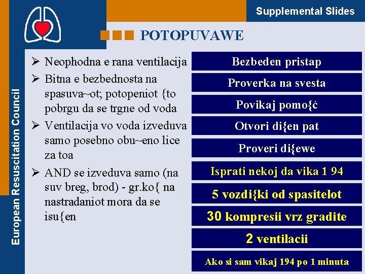Supplemental Slides European Resuscitation Council POTOPUVAWE Ø Neophodna e rana ventilacija Ø Bitna e