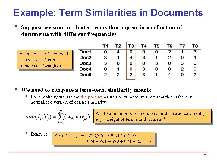 Example: Term Similarities in Documents i Suppose we want to cluster terms that appear