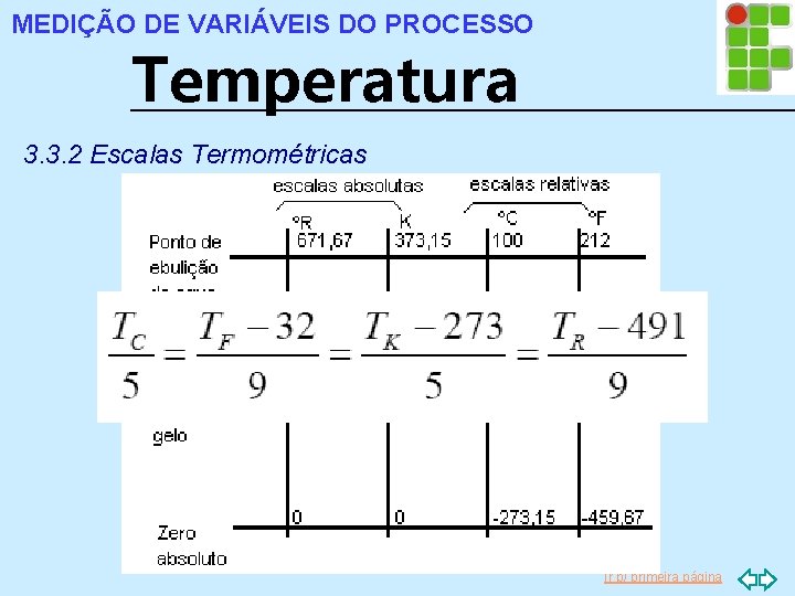 MEDIÇÃO DE VARIÁVEIS DO PROCESSO Temperatura 3. 3. 2 Escalas Termométricas Ir p/ primeira