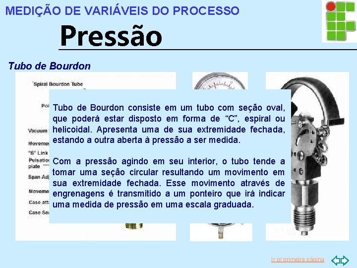 MEDIÇÃO DE VARIÁVEIS DO PROCESSO Pressão Tubo de Bourdon consiste em um tubo com