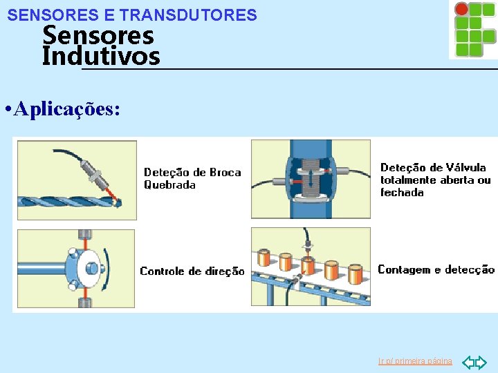 SENSORES E TRANSDUTORES Sensores Indutivos • Aplicações: Ir p/ primeira página 