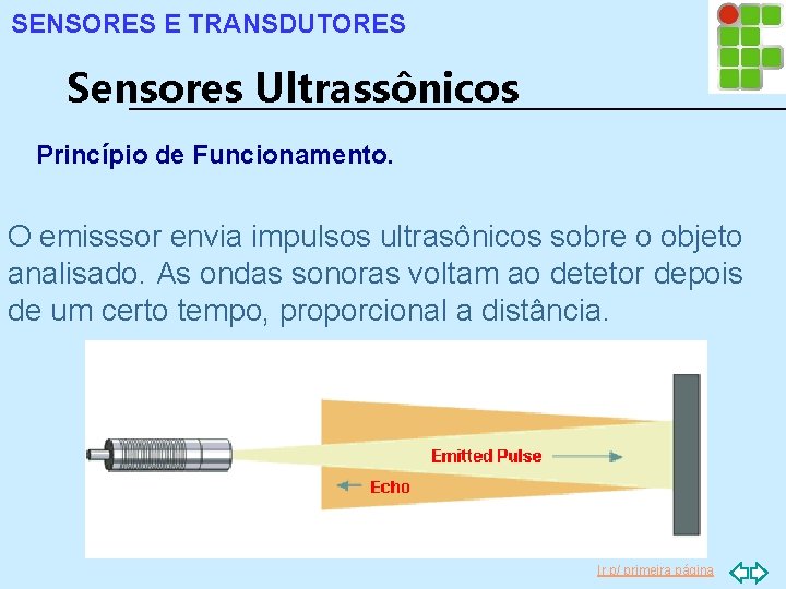 SENSORES E TRANSDUTORES Sensores Ultrassônicos Princípio de Funcionamento. O emisssor envia impulsos ultrasônicos sobre