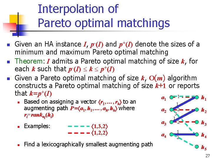 Interpolation of Pareto optimal matchings n n n Given an HA instance I, p-(I)