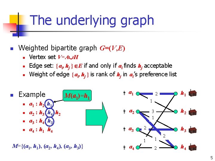 The underlying graph n Weighted bipartite graph G=(V, E) n n Vertex set V=A