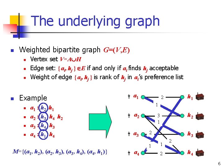 The underlying graph n Weighted bipartite graph G=(V, E) n n Vertex set V=A