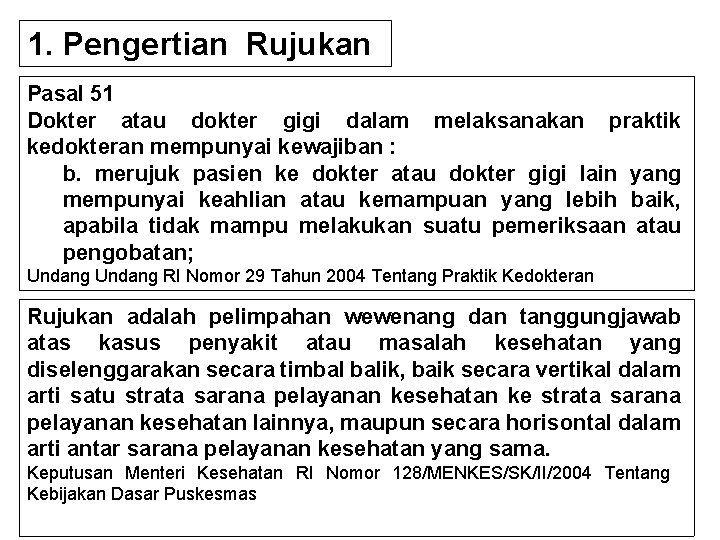 1. Pengertian Rujukan Pasal 51 Dokter atau dokter gigi dalam melaksanakan praktik kedokteran mempunyai