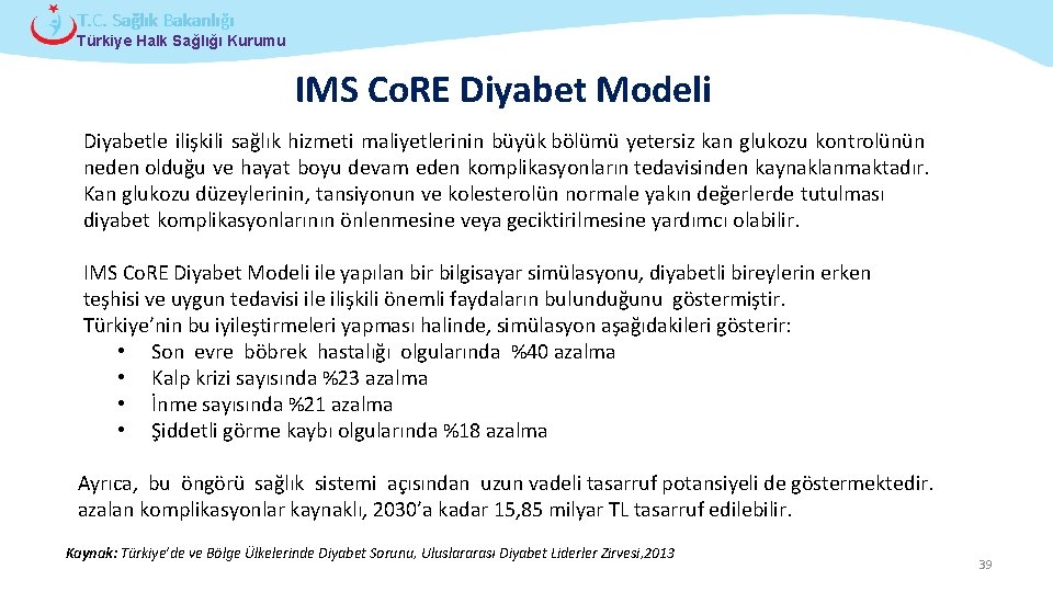T. C. Sağlık Bakanlığı Türkiye Halk Sağlığı Kurumu IMS Co. RE Diyabet Modeli Diyabetle