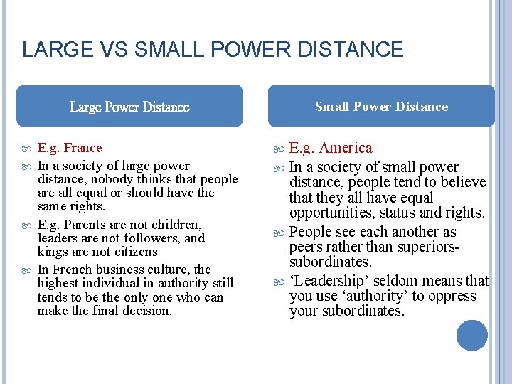 LARGE VS SMALL POWER DISTANCE Small Power Distance Large Power Distance E. g. France