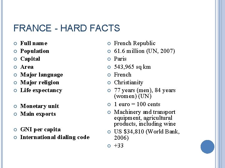 FRANCE - HARD FACTS Full name Population Capital Area Major language Major religion Life