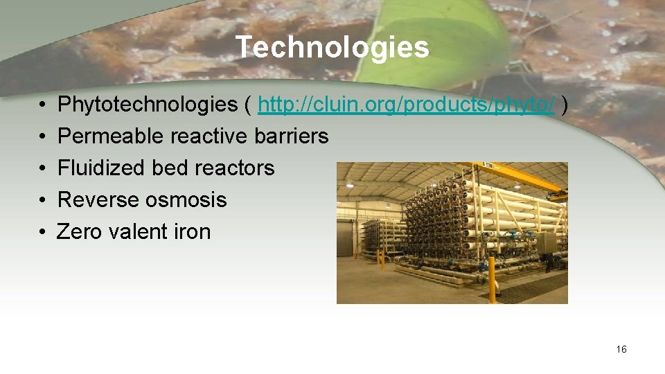 Technologies • • • Phytotechnologies ( http: //cluin. org/products/phyto/ ) Permeable reactive barriers Fluidized