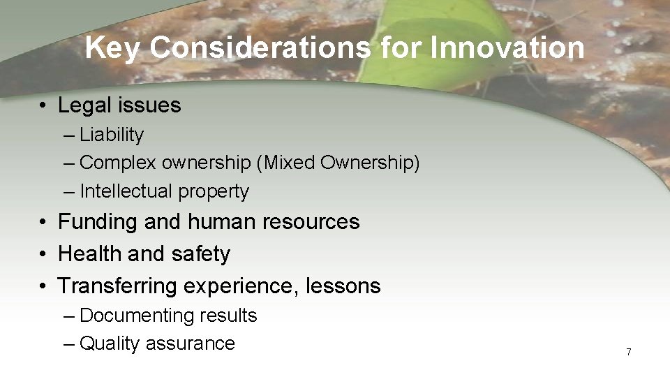 Key Considerations for Innovation • Legal issues – Liability – Complex ownership (Mixed Ownership)