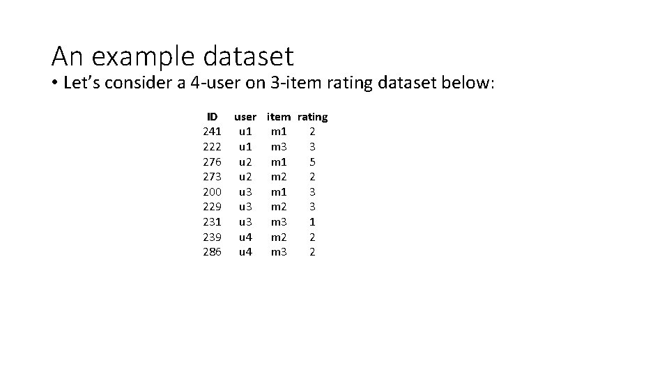 An example dataset • Let’s consider a 4 -user on 3 -item rating dataset