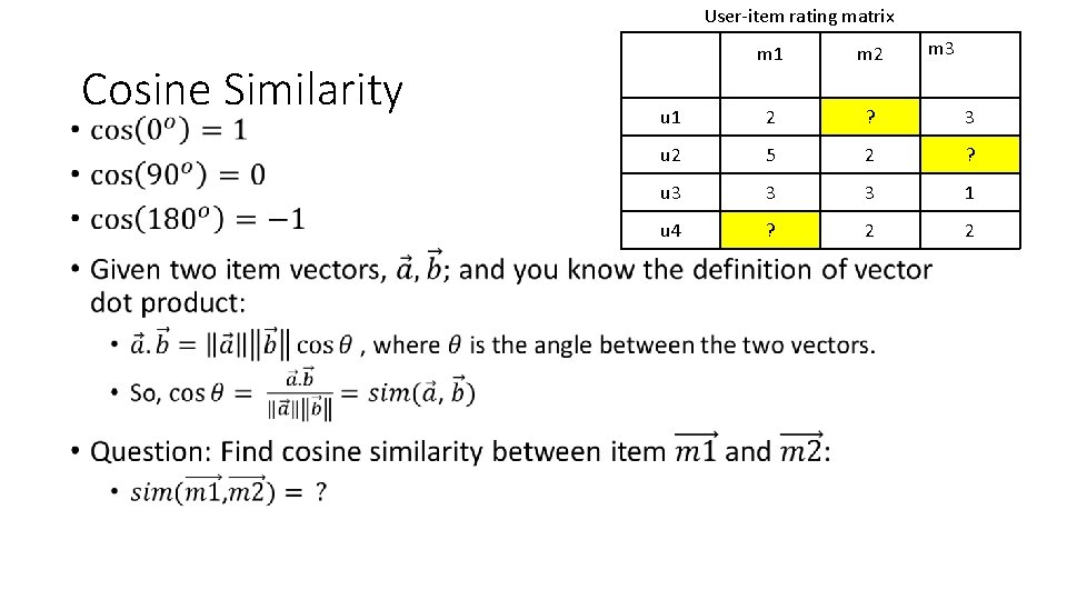 User-item rating matrix Cosine Similarity • m 3 m 1 m 2 u 1